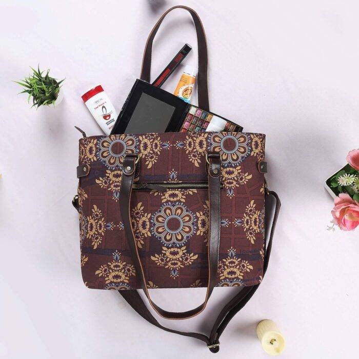Brown Floral Motif Trendy Bag for Women - Image 2