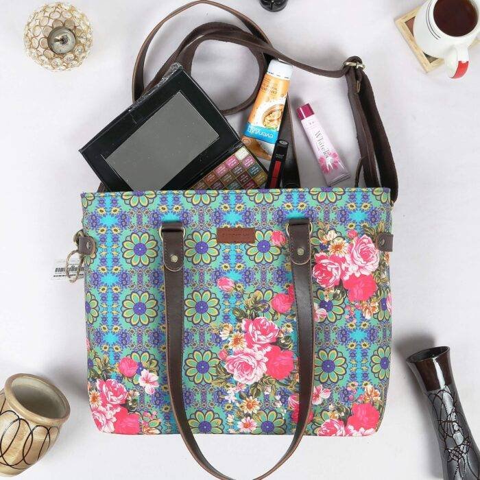Blue and Pink Flower Women Tote Handbag - Image 2