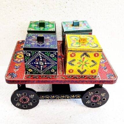 Handcrafted Wooden Painted Trolley Tray with 4 Jars