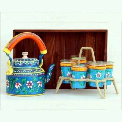 Handicraft kettle set wooden tray and 6 glass with Iron Stand Aqua