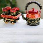 Hand Painted Tea Kettle Set with 4 Glasses Black n Red