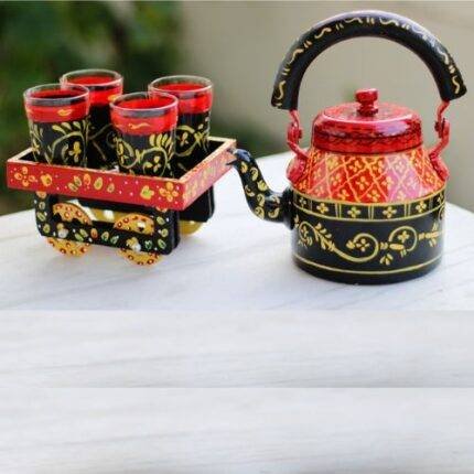 Hand Painted Tea Kettle Set with 4 Glasses Black n Red