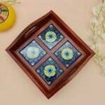Rajasthani Wooden and Blue Pottery Tile Tray - Image 3