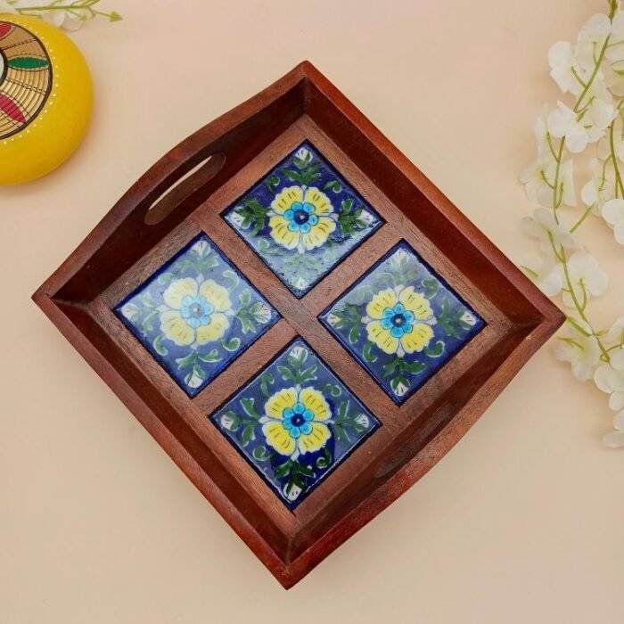Rajasthani Wooden and Blue Pottery Tile Tray - Image 3