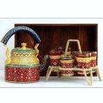 Handicraft kettle set wooden tray and 6 glass with Iron Stand Golden Red