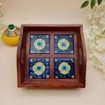 Rajasthani Wooden and Blue Pottery Tile Tray - Image 2