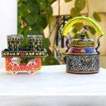 Hand Painted Tea Kettle Set with 4 Glasses Black n Yellow