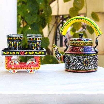 Hand Painted Tea Kettle Set with 4 Glasses Black n Yellow
