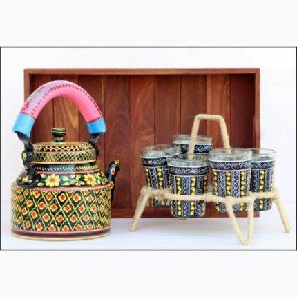 Handicraft kettle set wooden tray and 6 glass with Iron Stand Black Yellow