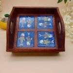 Wood and Blue Pottery Tile Tray - Image 2