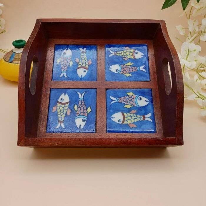 Wood and Blue Pottery Tile Tray - Image 2