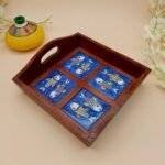 Wood and Blue Pottery Tile Tray - Image 3
