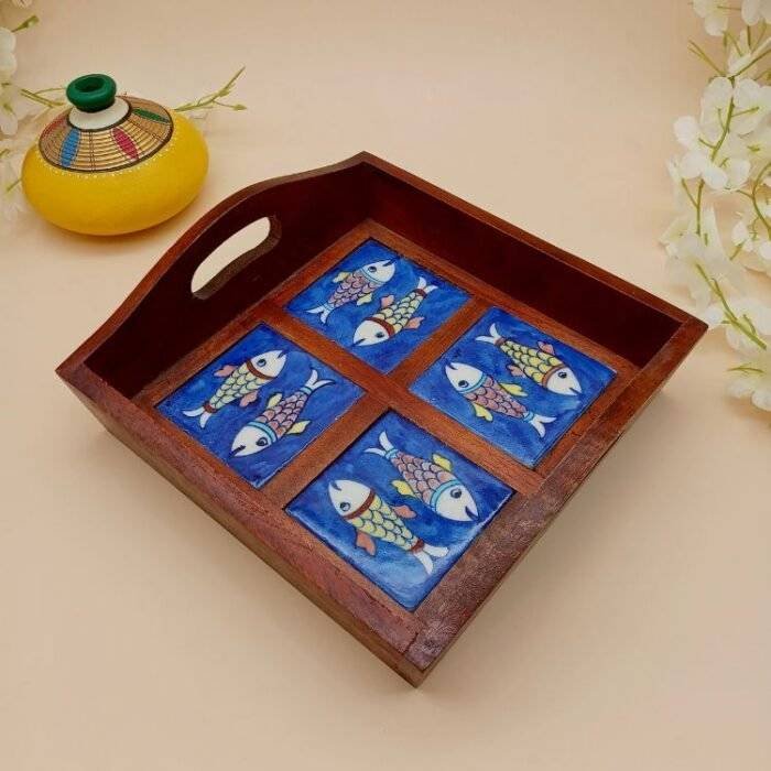 Wood and Blue Pottery Tile Tray - Image 3