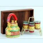 Handicraft kettle set wooden tray and 6 glass with Iron Stand Yellow
