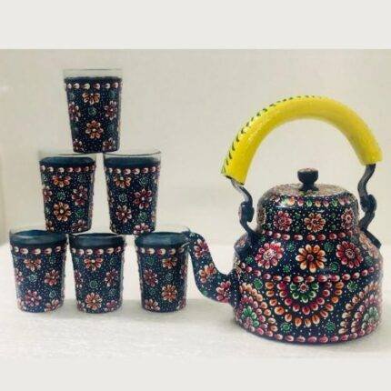 Handicraft kettle set wooden tray and 6 glass with Iron Stand floral