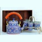 Handicraft kettle set wooden tray and 6 glass with Iron Stand Blue