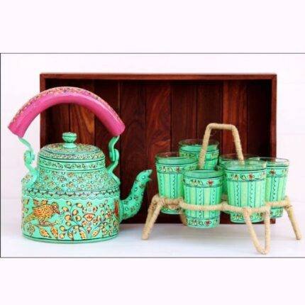 Handicraft kettle set wooden tray and 6 glass with Iron Stand Green