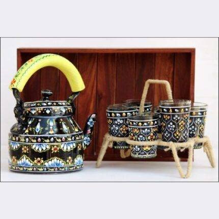 Handicraft kettle set wooden tray and 6 glass with Iron Stand Black Yellow