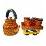 Hand Painted Tea Kettle Set with 4 Glasses Orange
