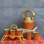 Handicraft kettle set and wooden tray 6 glass with Iron Stand Red Gold