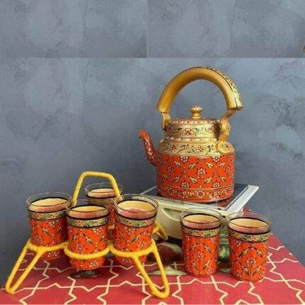 Handicraft kettle set and wooden tray 6 glass with Iron Stand Red Gold