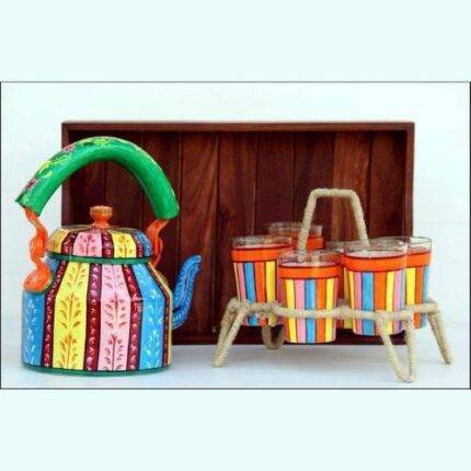Handicraft kettle set wooden tray and 6 glass with Iron Stand Multi