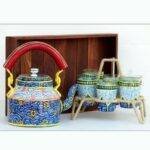 Handicraft kettle set wooden tray and 6 glass with Iron Stand Light Blue