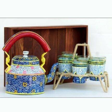 Handicraft kettle set wooden tray and 6 glass with Iron Stand Light Blue