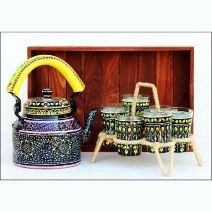 Handicraft kettle set wooden tray and 6 glass with Iron Stand Black Yellow
