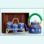 Handicraft kettle set wooden tray and 6 glass with Iron Stand Blue