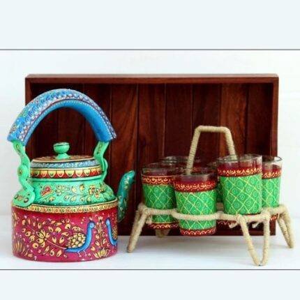 Handicraft kettle set wooden tray and 6 glass with Iron Stand Green