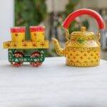 Hand Painted Tea Kettle Set with 4 Glasses Yellow n Red