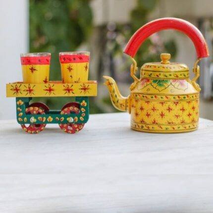 Hand Painted Tea Kettle Set with 4 Glasses Yellow n Red