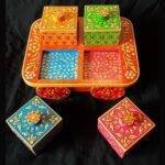 Handcrafted Wooden Painted 4 Compartments Serving Cart Trolley Tray Thela Dry Fruit Box Set Containers Jars, Candy, Chocolate, Snacks Storage Box for Home Kitchen