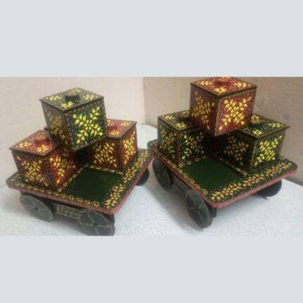 Handcrafted Wooden Painted Trolley Tray with 4 Containers
