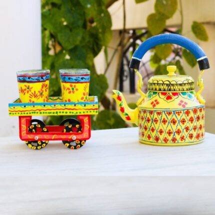Hand Painted Tea Kettle Set with 4 Glasses Yellow