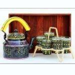 Handicraft kettle set wooden tray and 6 glass with Iron Stand Black