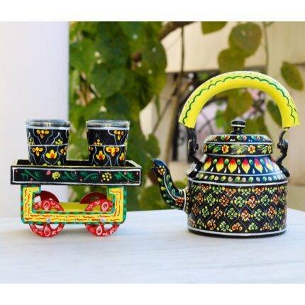 Hand Painted Tea Kettle Set with 4 Glasses Black