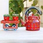 Hand Painted Tea Kettle Set with 4 Glasses Red n Blue