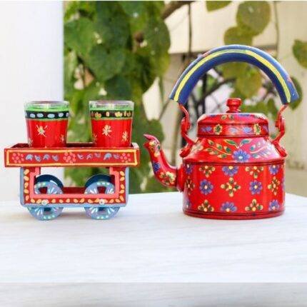 Hand Painted Tea Kettle Set with 4 Glasses Red n Blue