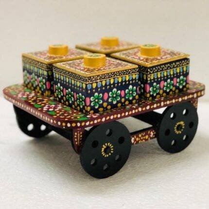 Handcrafted Wooden Painted 4 Compartments Serving Cart Trolley Tray with Containers