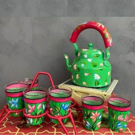 Handicraft kettle set wooden tray and 6 glass with Iron Stand Green
