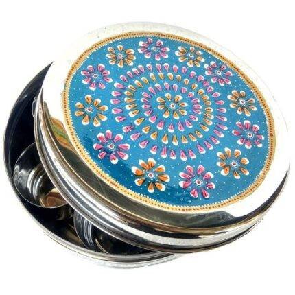 Handpainted Stainless Steel Masala Box Blue Pink Yellow Aqua Design