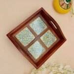 Wooden Blue Pottery Tile Serving Tray - Image 2