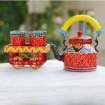 Hand Painted Tea Kettle Set with 4 Glasses Red