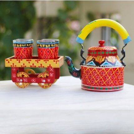 Hand Painted Tea Kettle Set with 4 Glasses Red