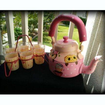 Handicraft kettle set wooden tray and 6 glass with Iron Stand Pink