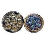 Handpainted Stainless Steel Masala Box Blue Pink Yellow Blue Design - Image 2