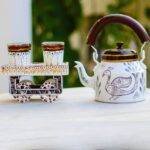 Hand Painted Tea Kettle Set with 4 Glasses Peacock
