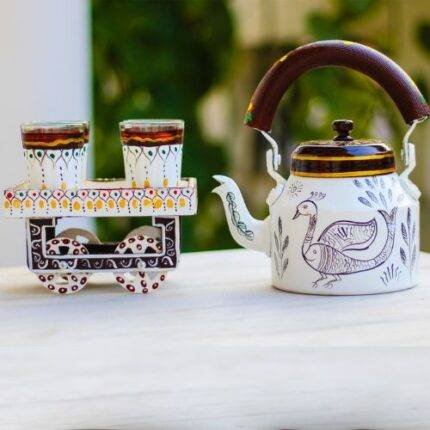Hand Painted Tea Kettle Set with 4 Glasses Peacock